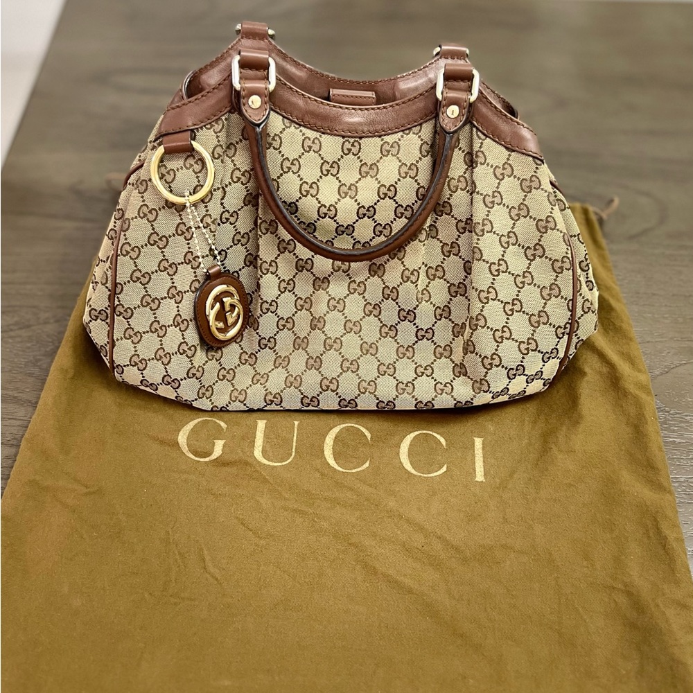 Vintage Gucci Sukey Brown GG Monogram Large Canvas Tote Bag Leather Handles
